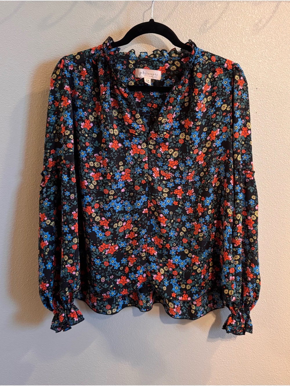 Philosophy Black Floral Ruffle-Neck Long Sleeve Blouse